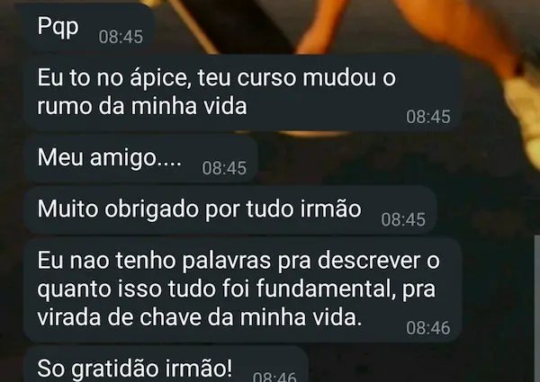 Mensagem real de aluno do Toufic recebida no WhatsApp